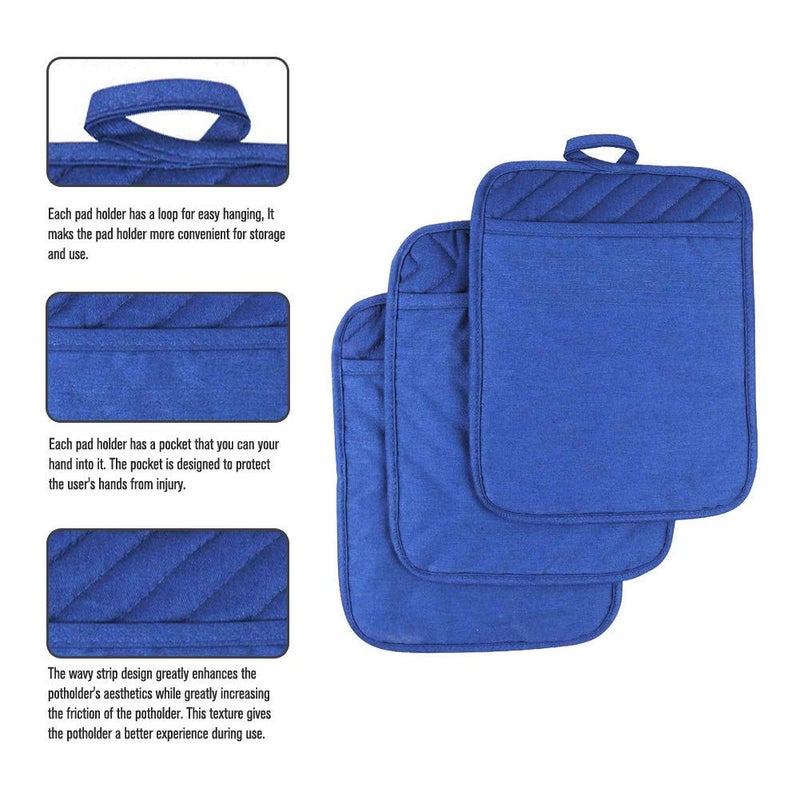 Anyi Pot Holders for Kitchen Heat Resistant, Cotton Hot Pads for Counter Table, Blue Kitchen Pot Holders with Pocket - Image 2